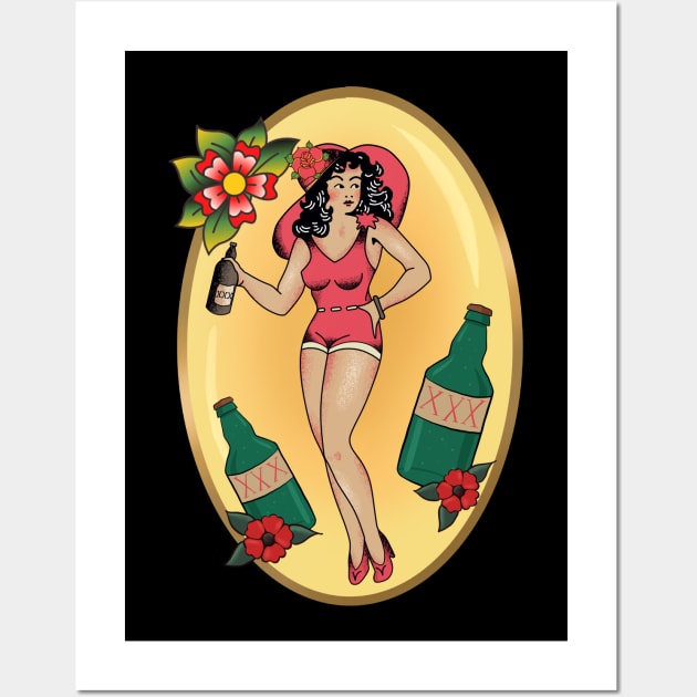 Jerry Style Traditional Tattoo Moonshine Magnolia Pinup Girl Wall Art by LittleBunnySunshine